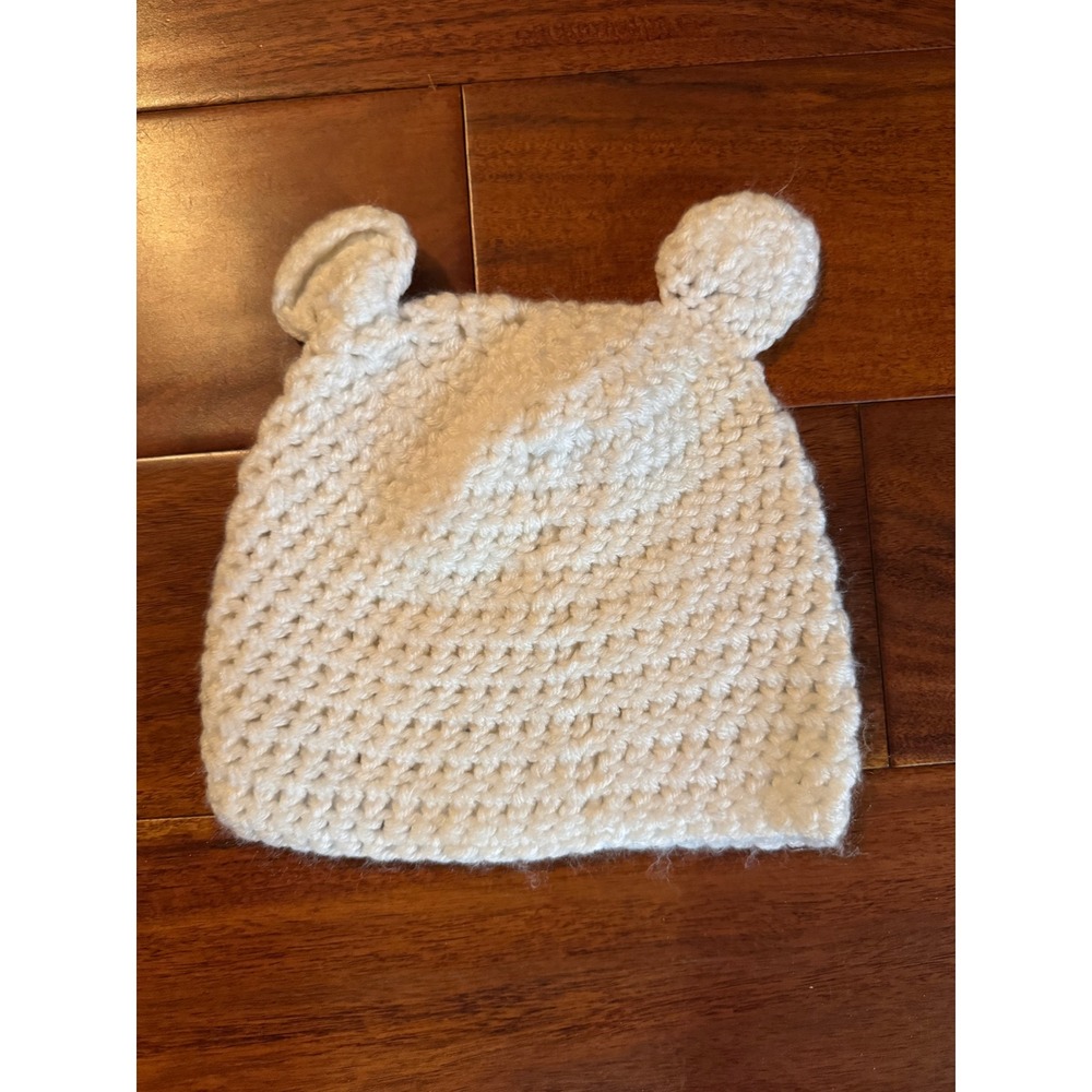 Unbranded Crochet Beanie Baby OS Cream Excellent Bear Ears Chunky Knit Hat